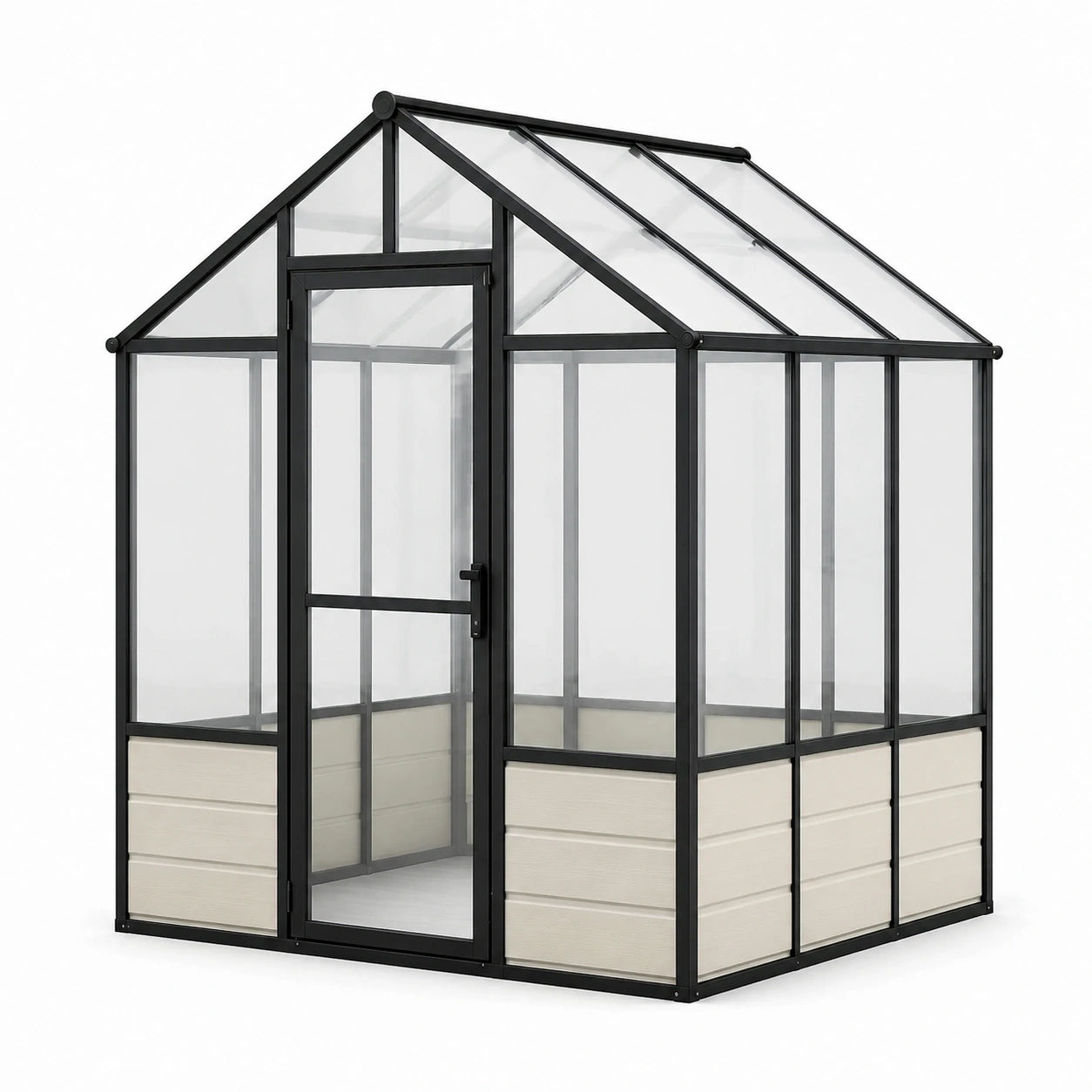 Serre de jardin en aluminium noir avec panneaux transparents et beiges, 190 × 130 × 205 cm, porte frontale