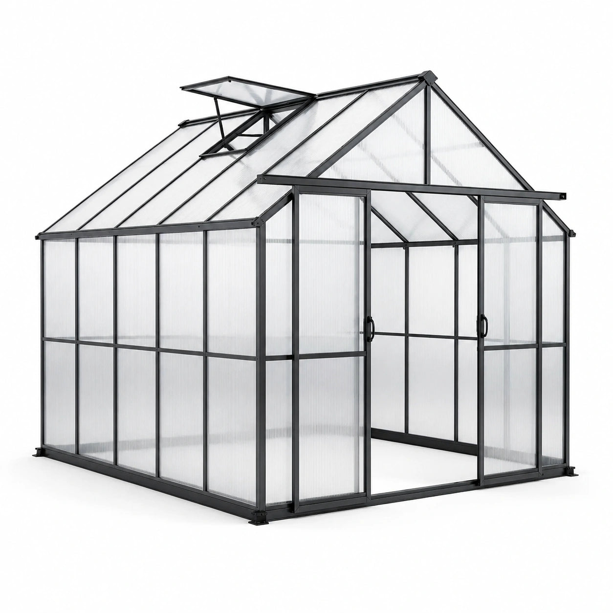 Serre de jardin en aluminium noir et polycarbonate translucide, 190 × 190 × 195 cm, deux portes coulissantes et fenêtre de toit