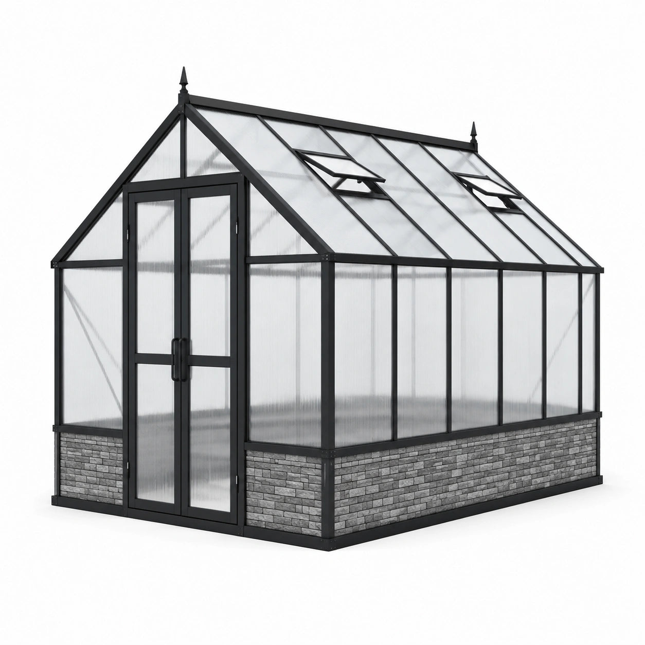 Serre de jardin en métal noir et polycarbonate translucide avec double porte et 2 lucarnes, 250 × 190 × 220 cm