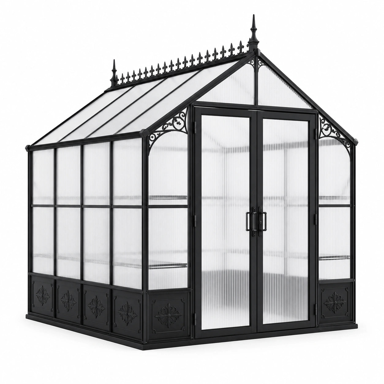 Serre de jardin victorienne en aluminium noir et polycarbonate translucide avec double porte, 190 × 250 × 235 cm