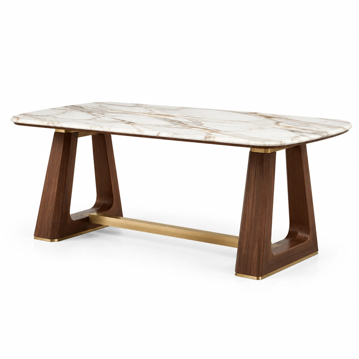 Table à manger contemporaine 200 × 100 × 76 cm, plateau blanc effet marbre, structure brun foncé et détails dorés