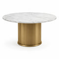 Table à manger ronde Ø 120 × H 75 cm, plateau effet marbre blanc veiné gris et pied central doré
