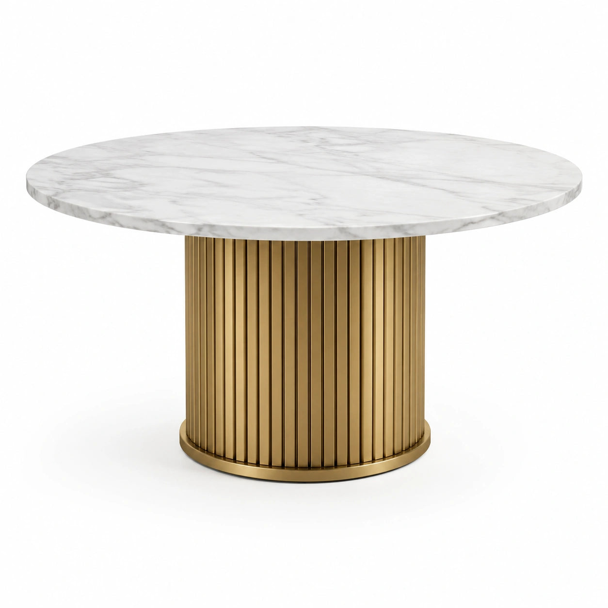 Table à manger ronde Ø 120 × H 75 cm, plateau effet marbre blanc veiné gris et pied central doré