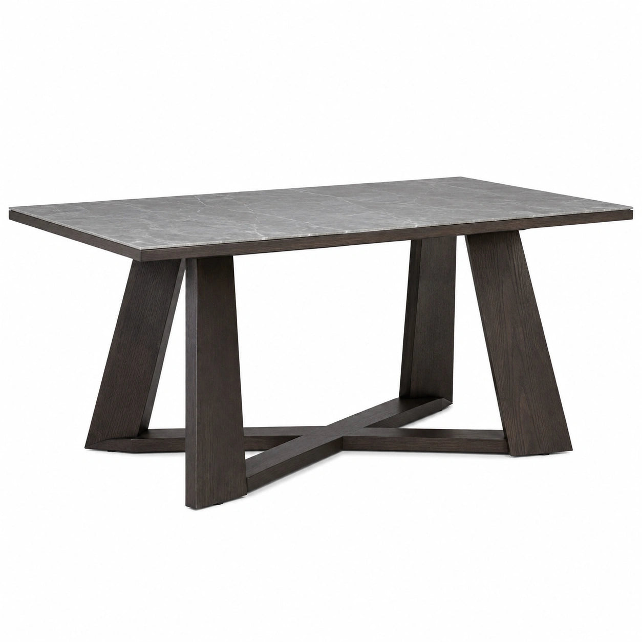 Table à manger contemporaine 180 × 90 × 76 cm, plateau gris effet marbre et piètement brun foncé