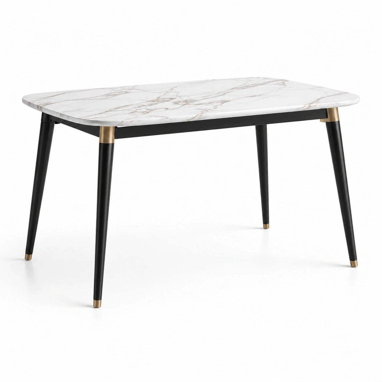 Table à manger rectangulaire 120 × 80 × 75 cm, plateau effet marbre blanc, pieds noirs et détails dorés