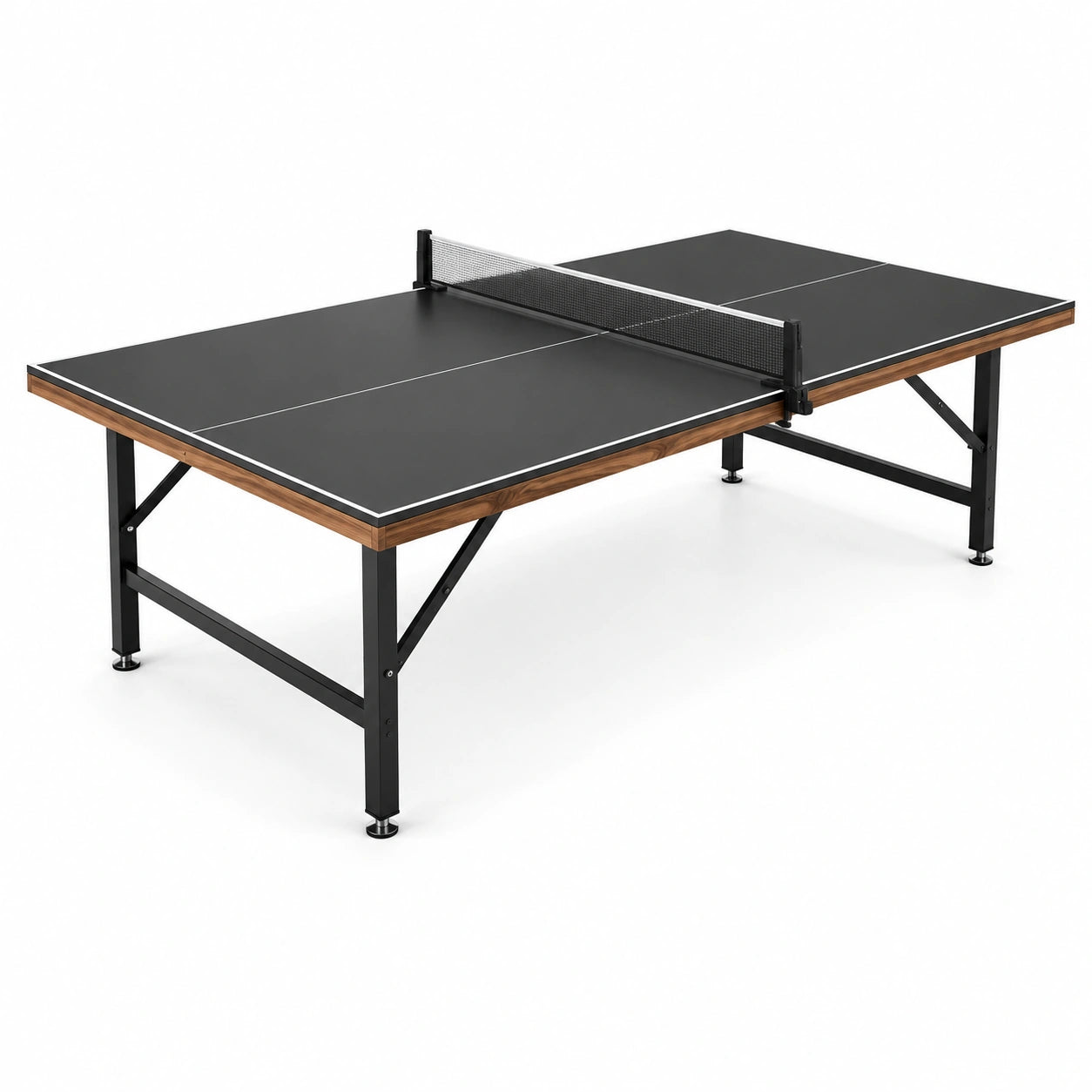 Table de tennis de table noire avec finition bois, structure en acier et filet amovible, 274 × 152,5 × 76 cm