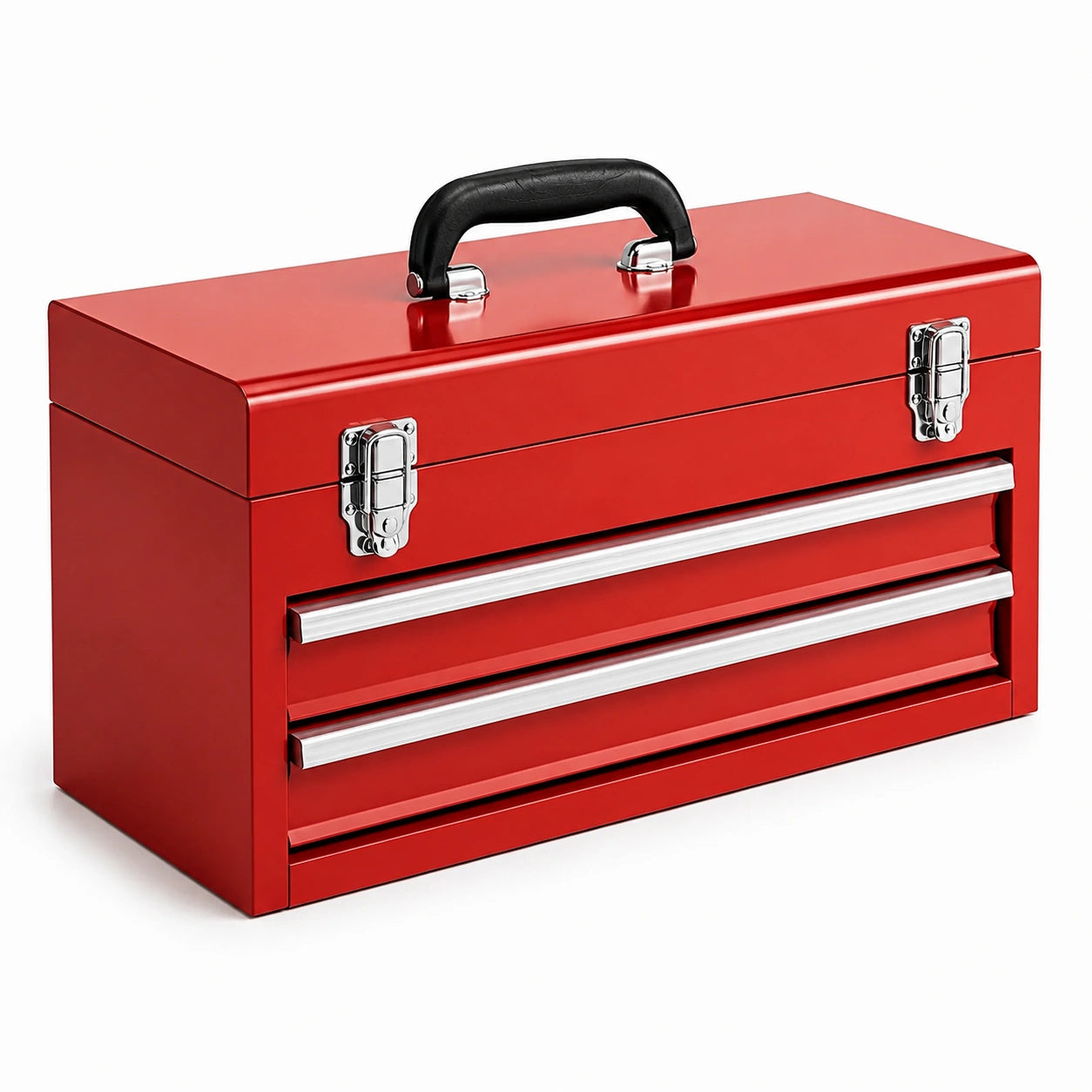 Coffre à outils portable en acier rouge, argenté et noir, 51 × 22 × 33 cm, avec 2 tiroirs