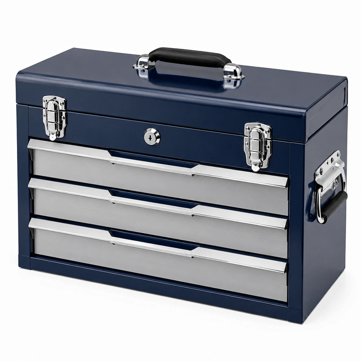 Coffre à outils en acier bleu marine, argenté et noir, 51 × 22 × 40 cm, 3 tiroirs avec compartiment supérieur