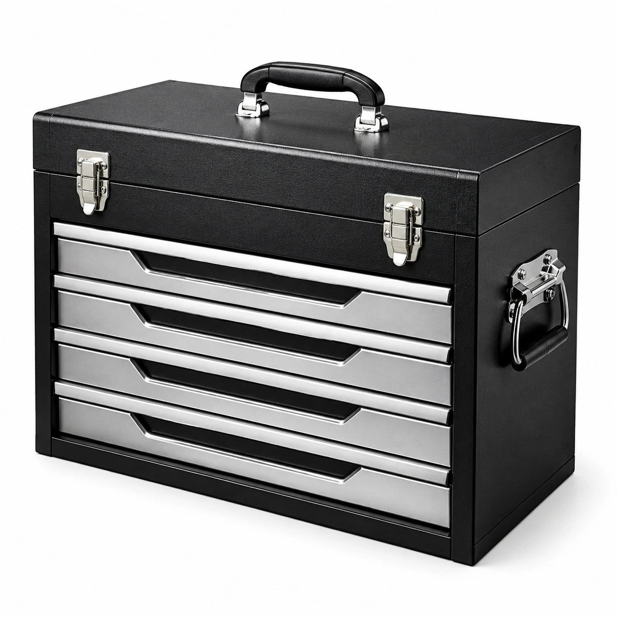 Caisse à outils en acier noir et argenté à 5 tiroirs, 50 × 22 × 40 cm