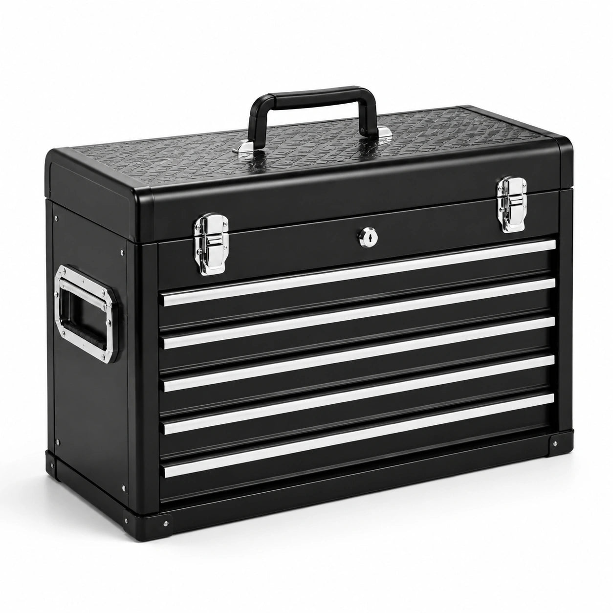 Caisse à outils métallique noire et argentée, 58 × 26 × 49 cm, 5 tiroirs avec compartiment supérieur verrouillable