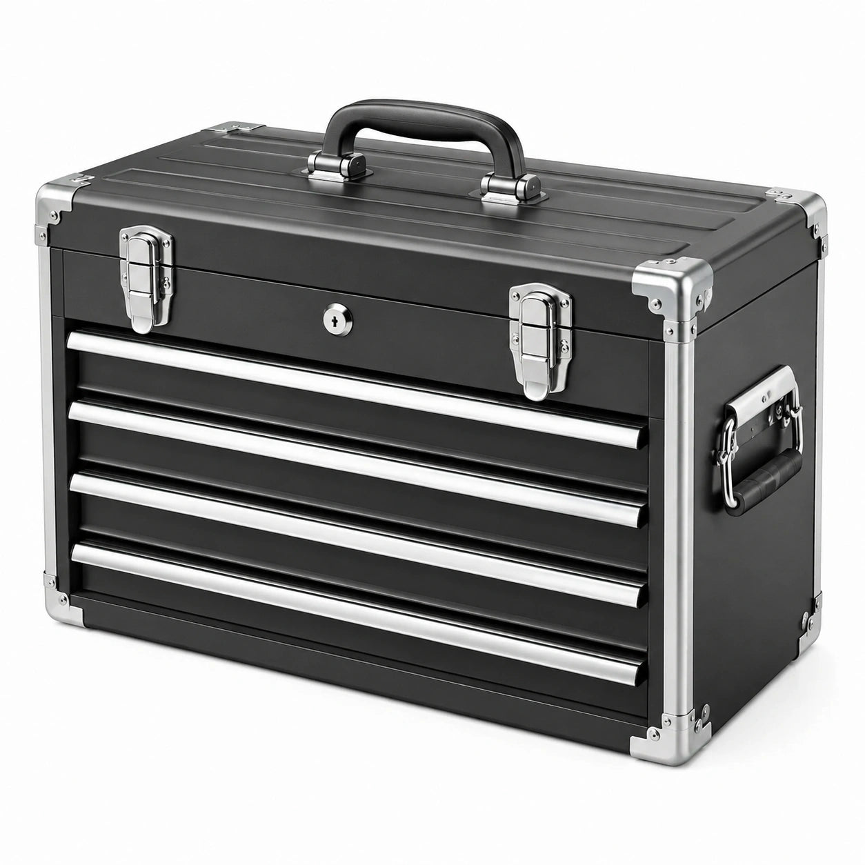 Caisse à outils métallique noire et argentée, 51 × 26 × 38 cm, 4 tiroirs, verrouillable et portable
