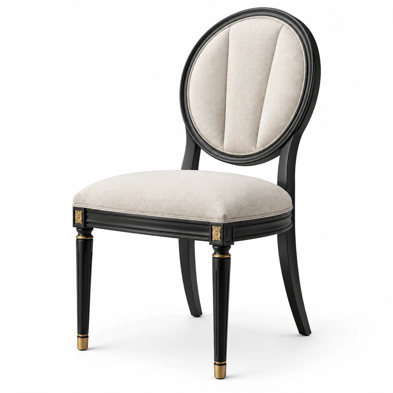 Chaise classique en bois noir et tissu beige avec détails dorés, 52 × 58 × 96 cm