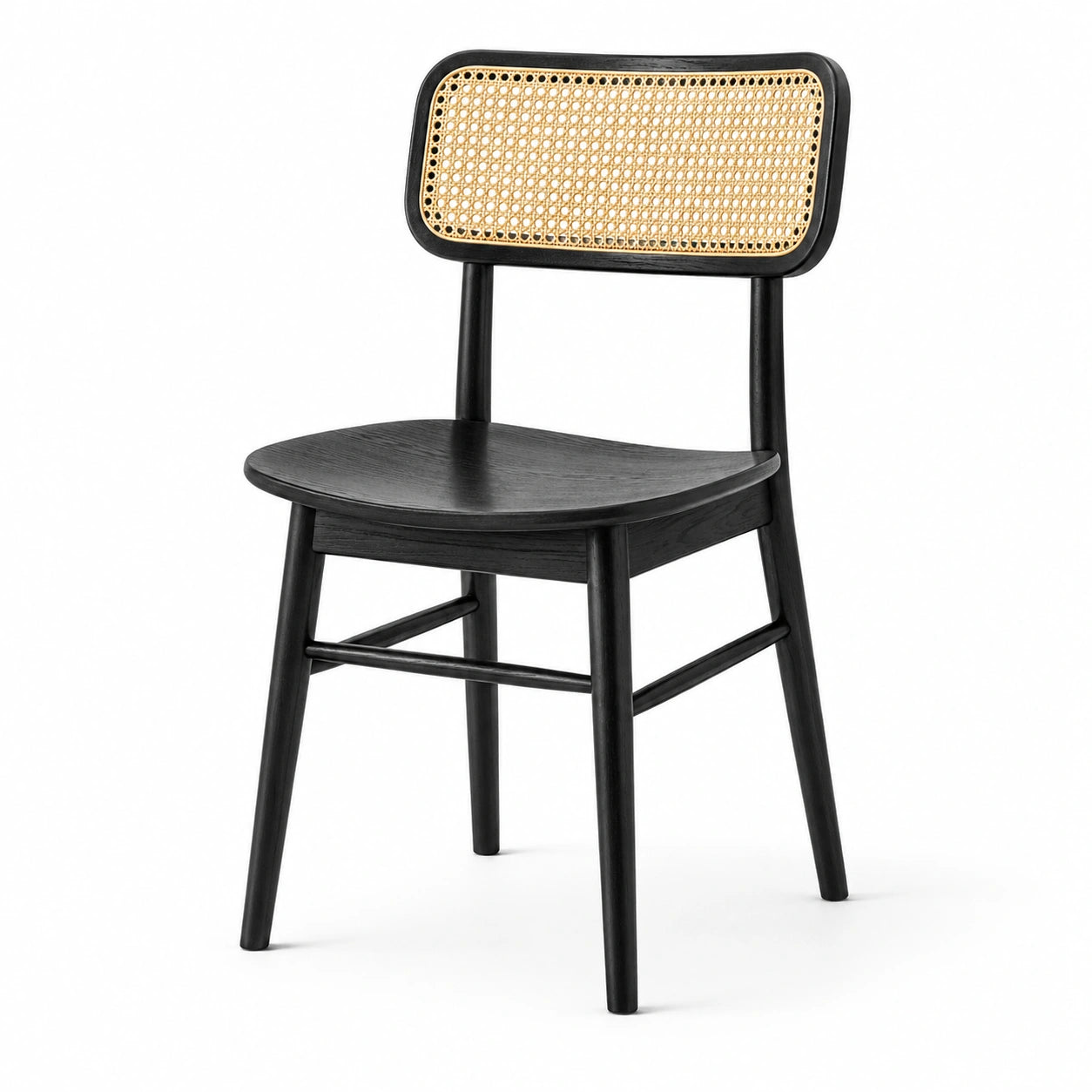 Chaise en bois noir avec dossier en cannage naturel, 48 × 52 × 82 cm