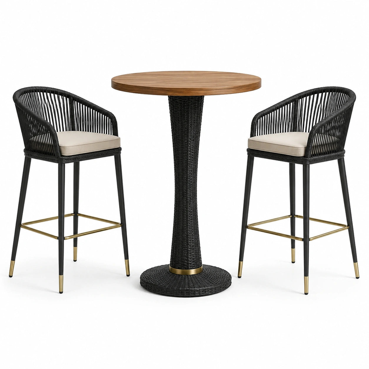 Ensemble de bar de jardin 3 pièces avec table ronde Ø 80 × 105 cm et 2 chaises hautes 55 × 57 × 105 cm, noir, brun, beige et doré