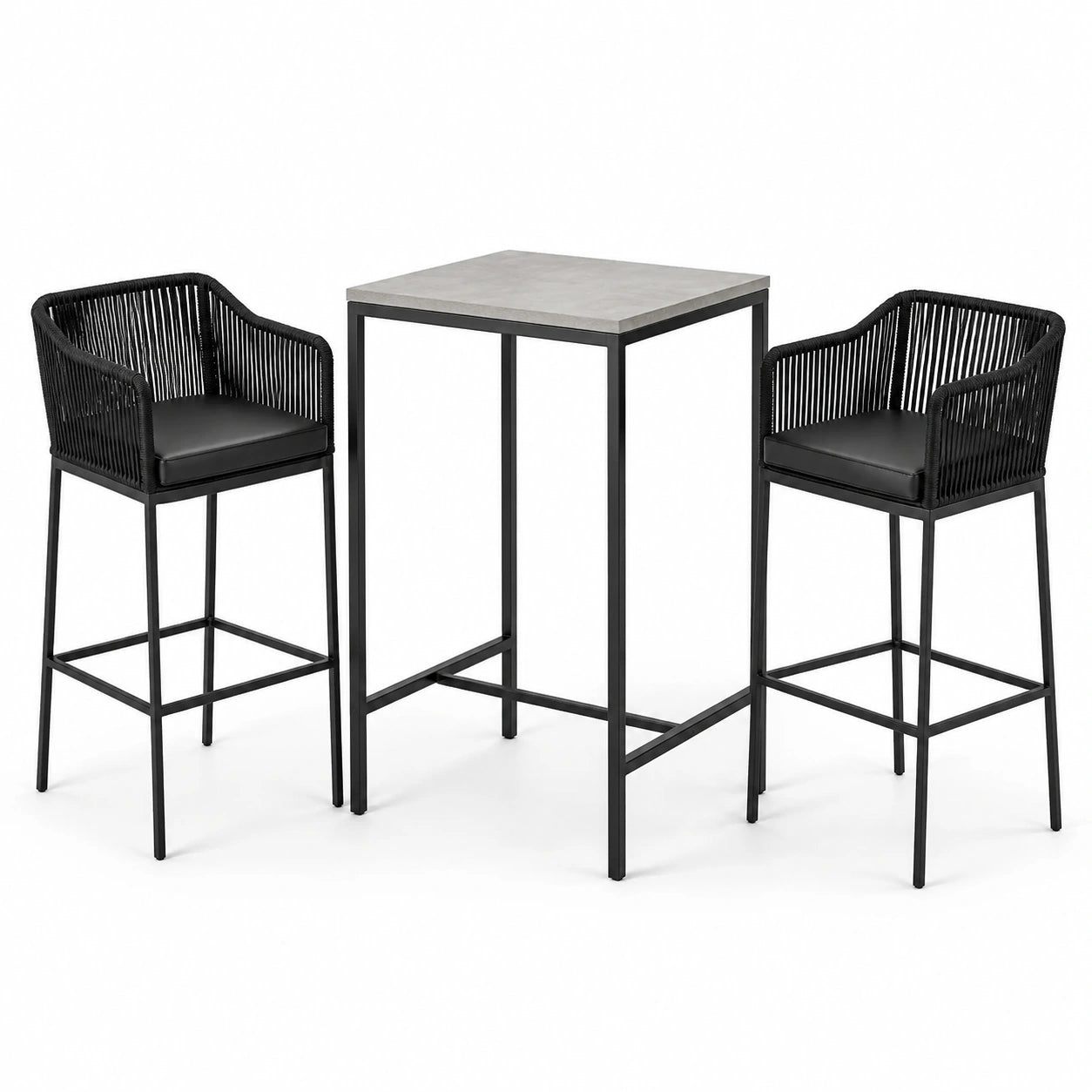 Ensemble de bar extérieur 3 pièces noir et gris avec table haute 65 × 65 × 105 cm et 2 fauteuils 57 × 58 × 105 cm