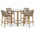 Ensemble 5 pièces en bois naturel et corde beige avec table haute 100 × 100 × 100 cm et 4 fauteuils 58 × 60 × 105 cm