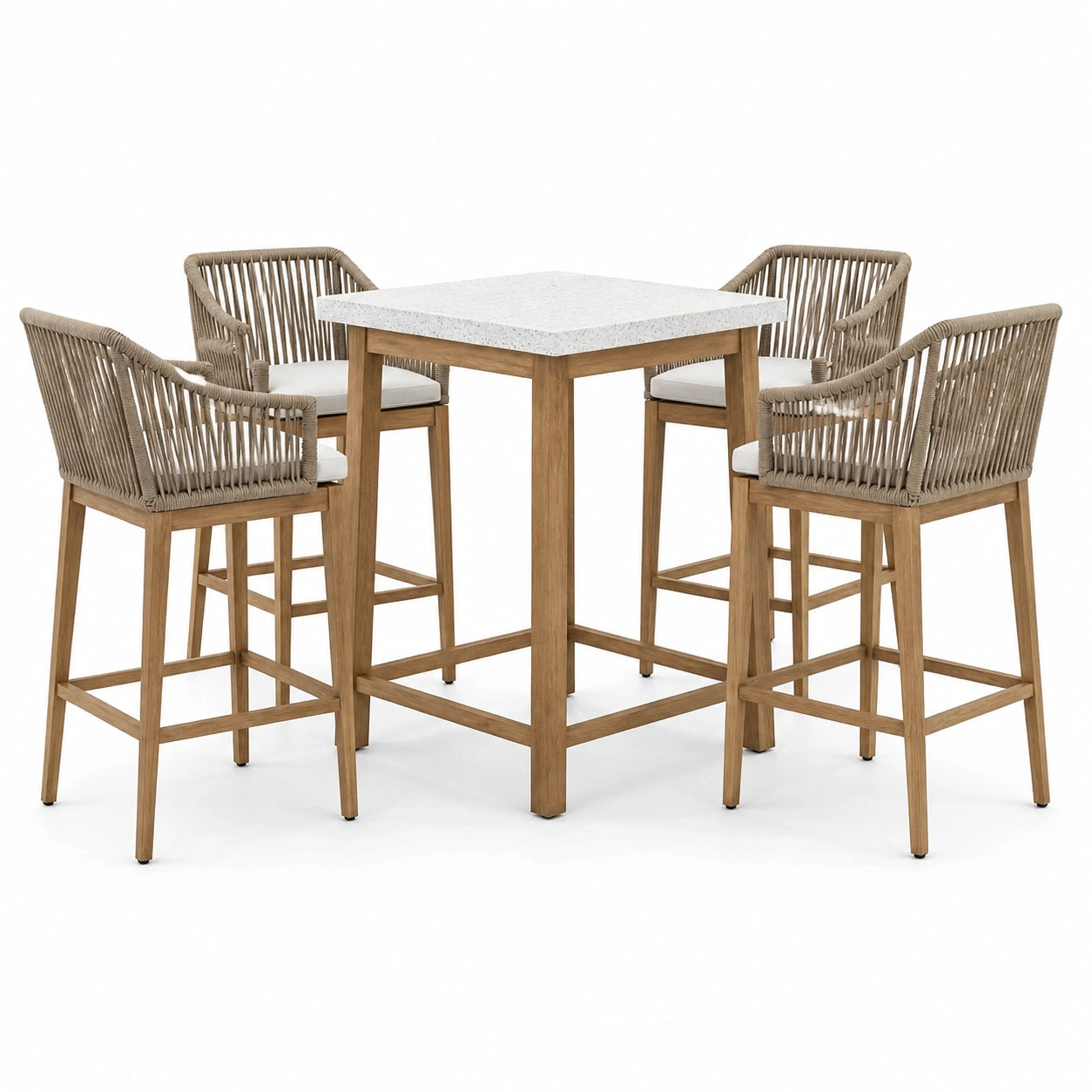 Ensemble 5 pièces en bois naturel et corde beige avec table haute 100 × 100 × 100 cm et 4 fauteuils 58 × 60 × 105 cm