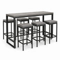 Table haute avec 6 tabourets rembourrés, table 160 × 45 × 95 cm, tabourets 38 × 38 × 65 cm, gris et noir