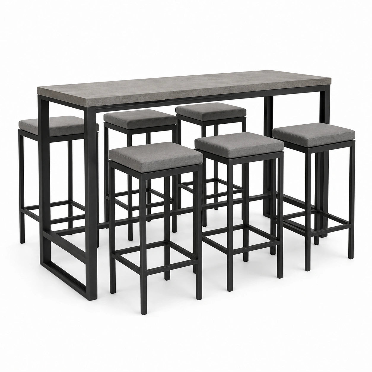 Table haute avec 6 tabourets rembourrés, table 160 × 45 × 95 cm, tabourets 38 × 38 × 65 cm, gris et noir