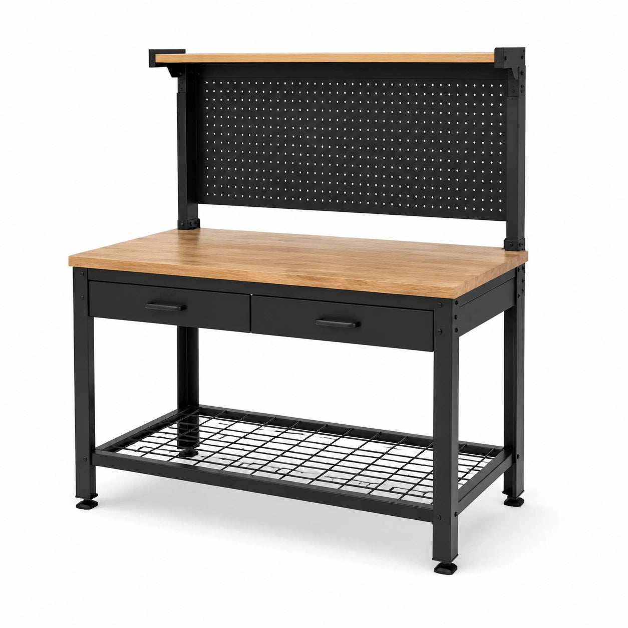 Établi d'atelier en acier noir et bois clair 120 × 60 × 150 cm avec 2 tiroirs, panneau perforé et 2 tablettes