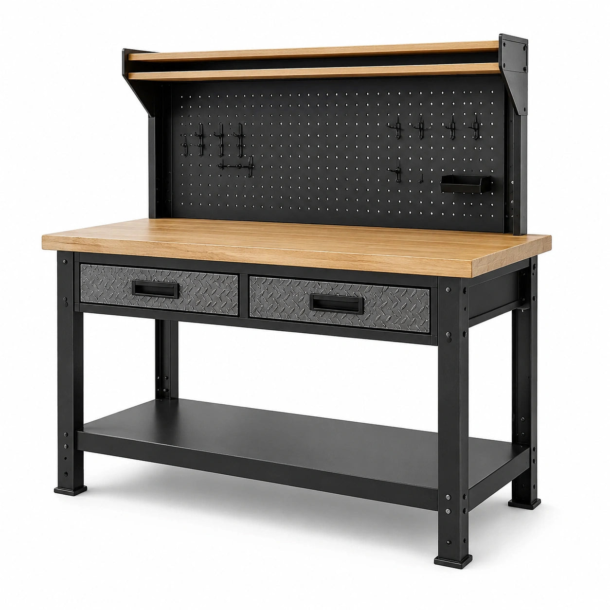 Établi d'atelier en acier noir et bois naturel avec panneau perforé et rangements, 120 × 60 × 150 cm