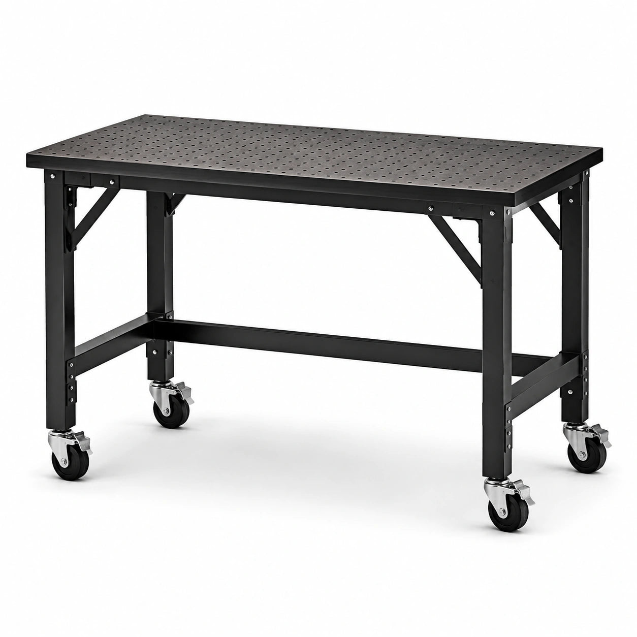 Établi mobile en acier noir avec plateau perforé et roulettes verrouillables, 120 × 60 × 90 cm