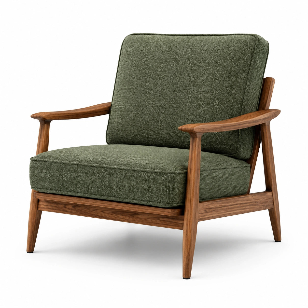Fauteuil rétro en bois brun et tissu vert olive avec accoudoirs, 78 × 83 × 82 cm