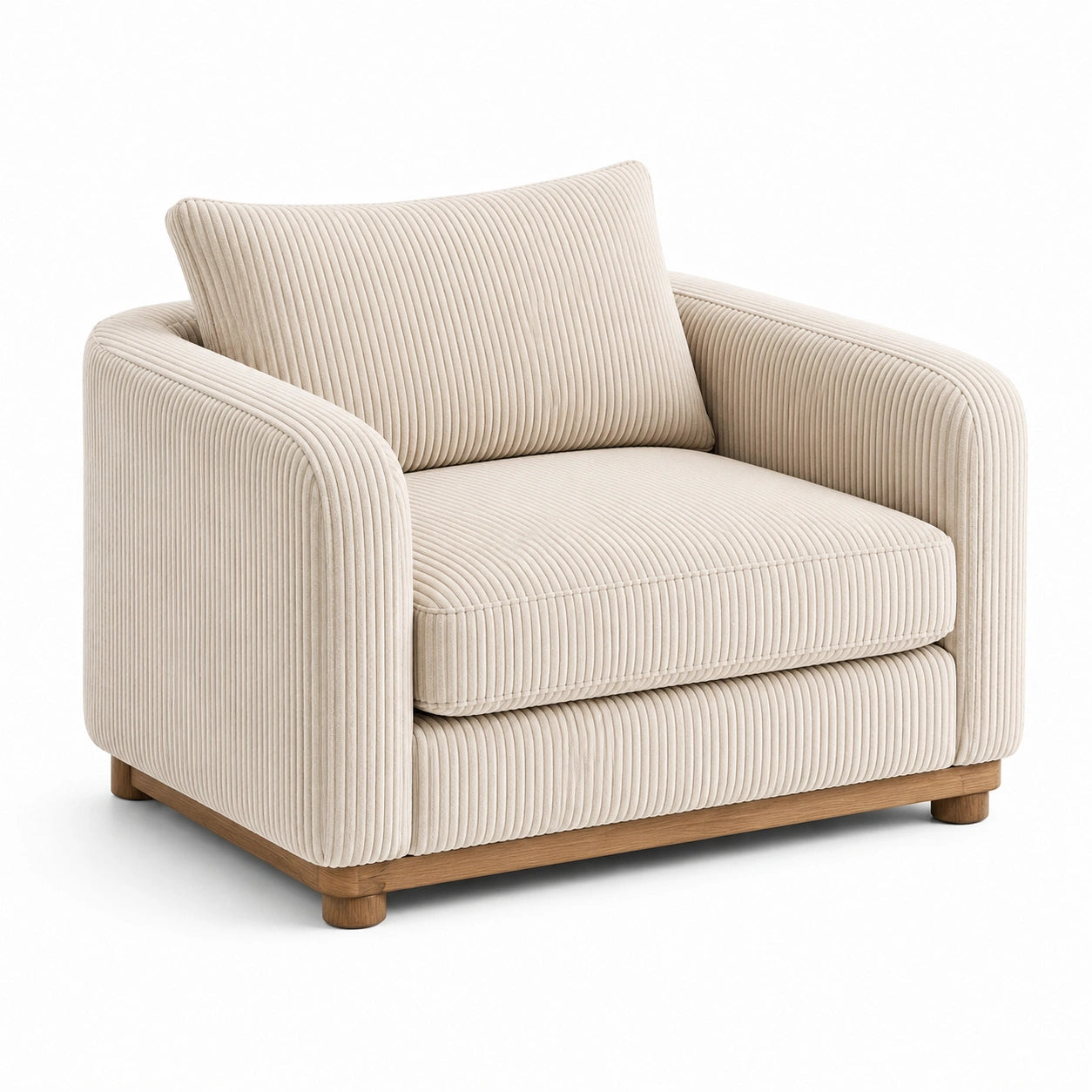 Fauteuil 1 place en velours côtelé beige avec base en bois marron clair, 115 × 98 × 82 cm