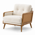 Fauteuil rétro en tissu bouclé écru, bois brun et cannage, 82 × 79 × 82 cm