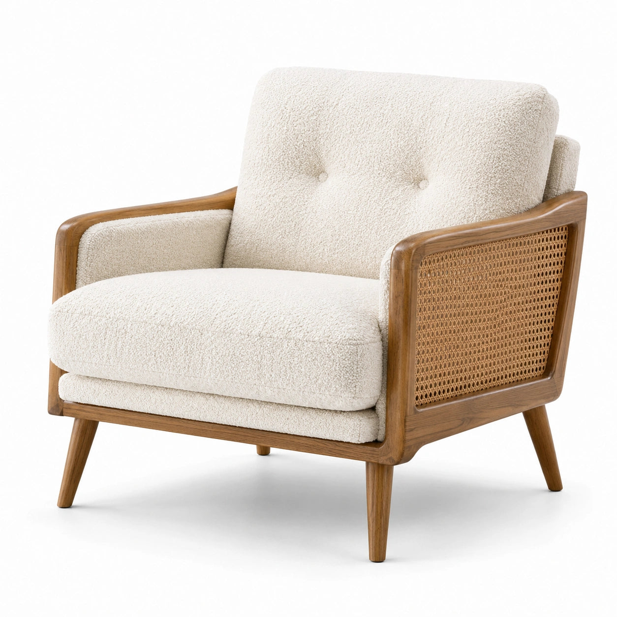 Fauteuil rétro en tissu bouclé écru, bois brun et cannage, 82 × 79 × 82 cm