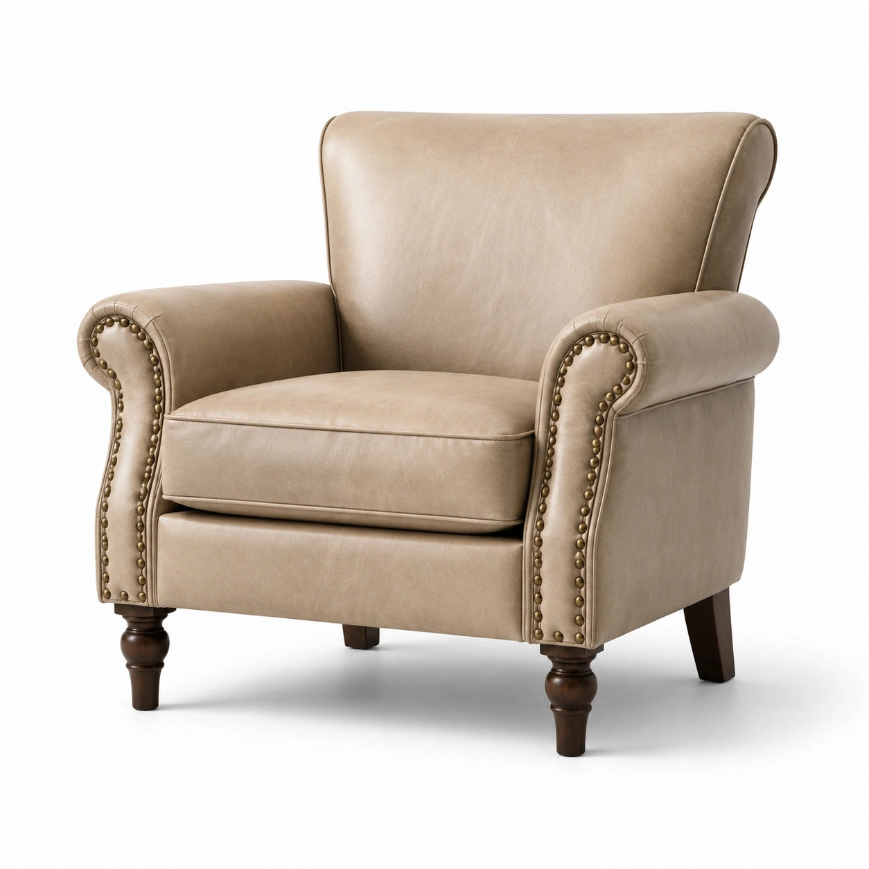 Fauteuil 1 place en similicuir beige avec clous bronze et pieds marron foncé, 96 × 88 × 99 cm