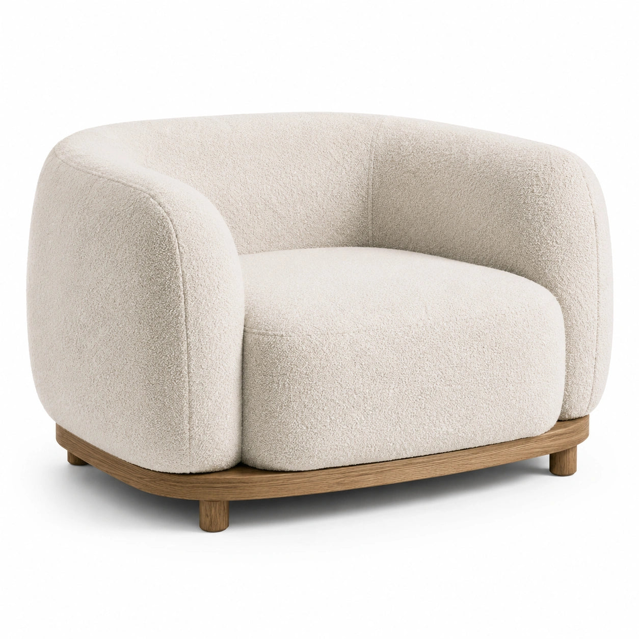 Fauteuil une place en tissu bouclé écru avec base en bois brun, 110 × 95 × 75 cm