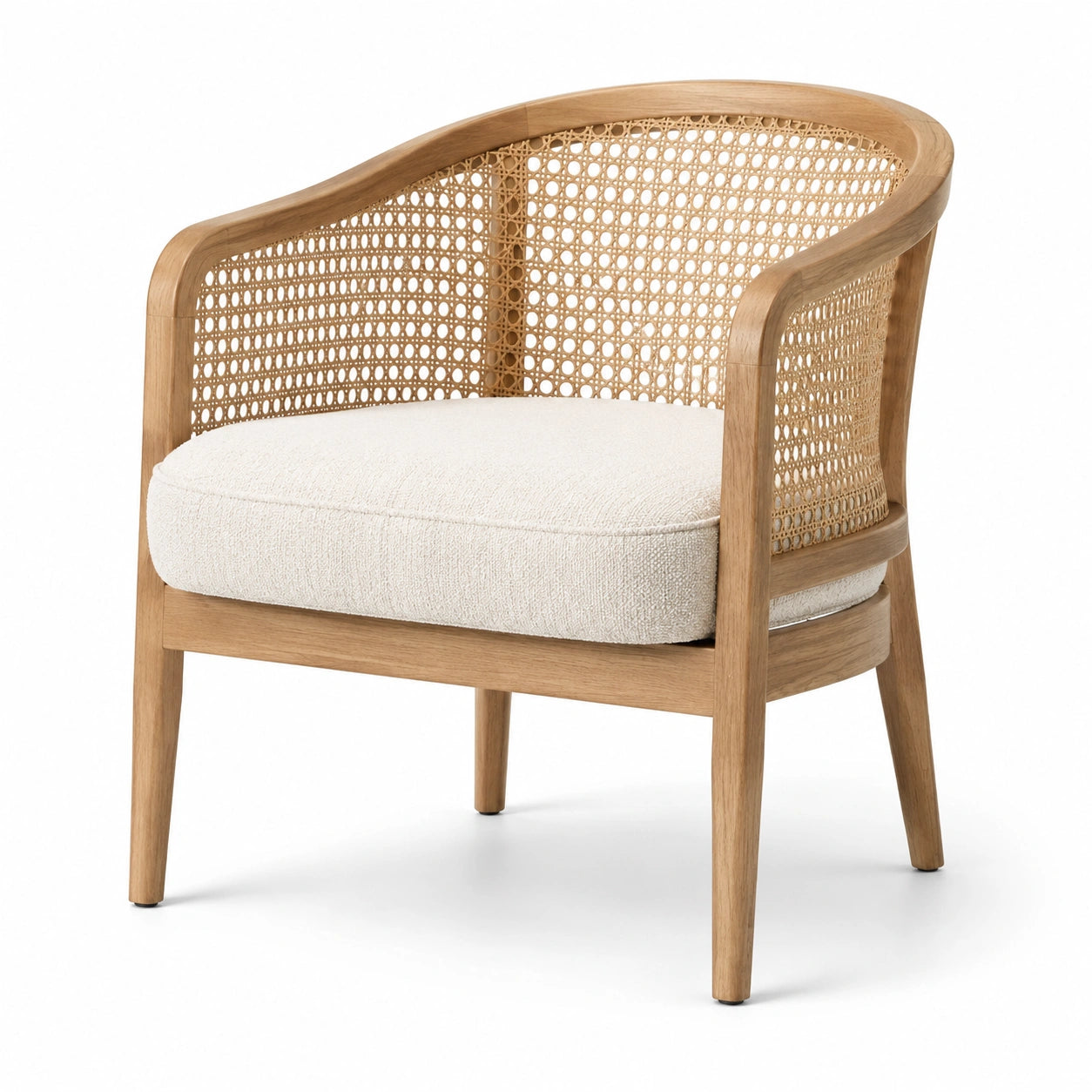 Fauteuil en bois naturel et cannage de rotin, assise bouclée écrue, 76 × 72 × 80 cm