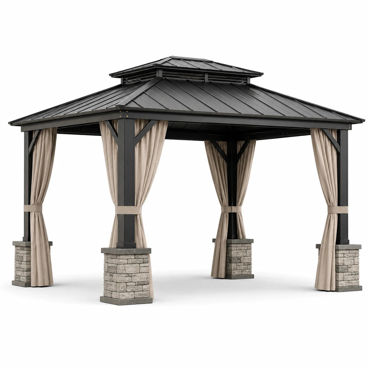 Pavillon de jardin contemporain en métal anthracite avec toit rigide et rideaux beiges, 400 × 300 × 290 cm