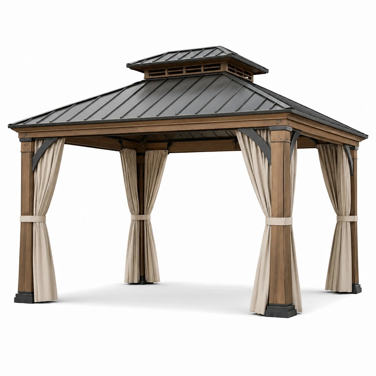 Pergola de jardin en bois et acier avec toit rigide et rideaux, brun, beige et anthracite, 400 × 300 × 290 cm