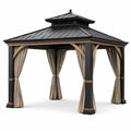 Tonnelle de jardin en métal noir avec rideaux beige et détails marron, 300 × 300 × 315 cm
