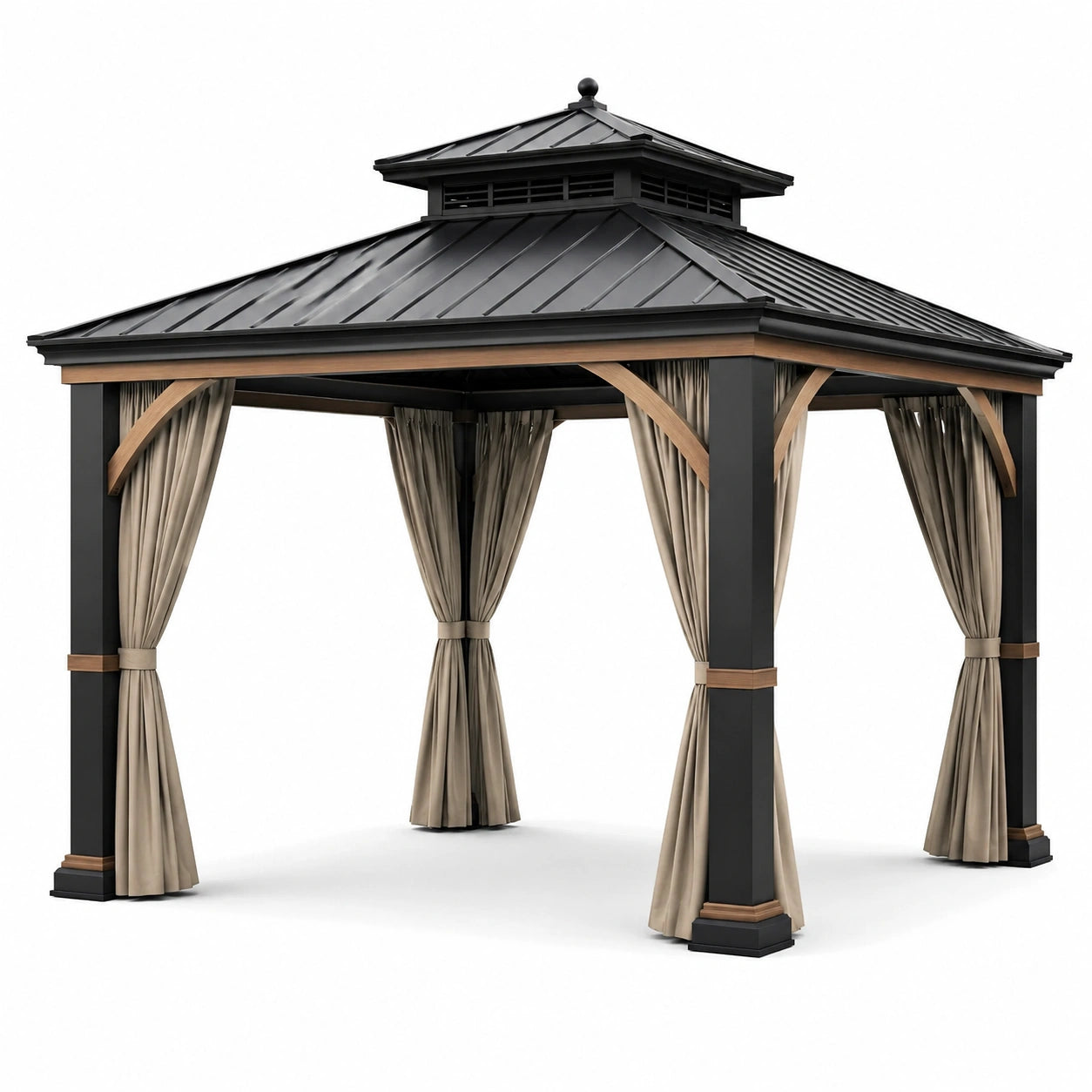 Tonnelle de jardin en métal noir avec rideaux beige et détails marron, 300 × 300 × 315 cm