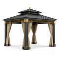 Tonnelle en métal anthracite avec rideaux beiges, finitions dorées et double toit, 300 × 300 × 300 cm