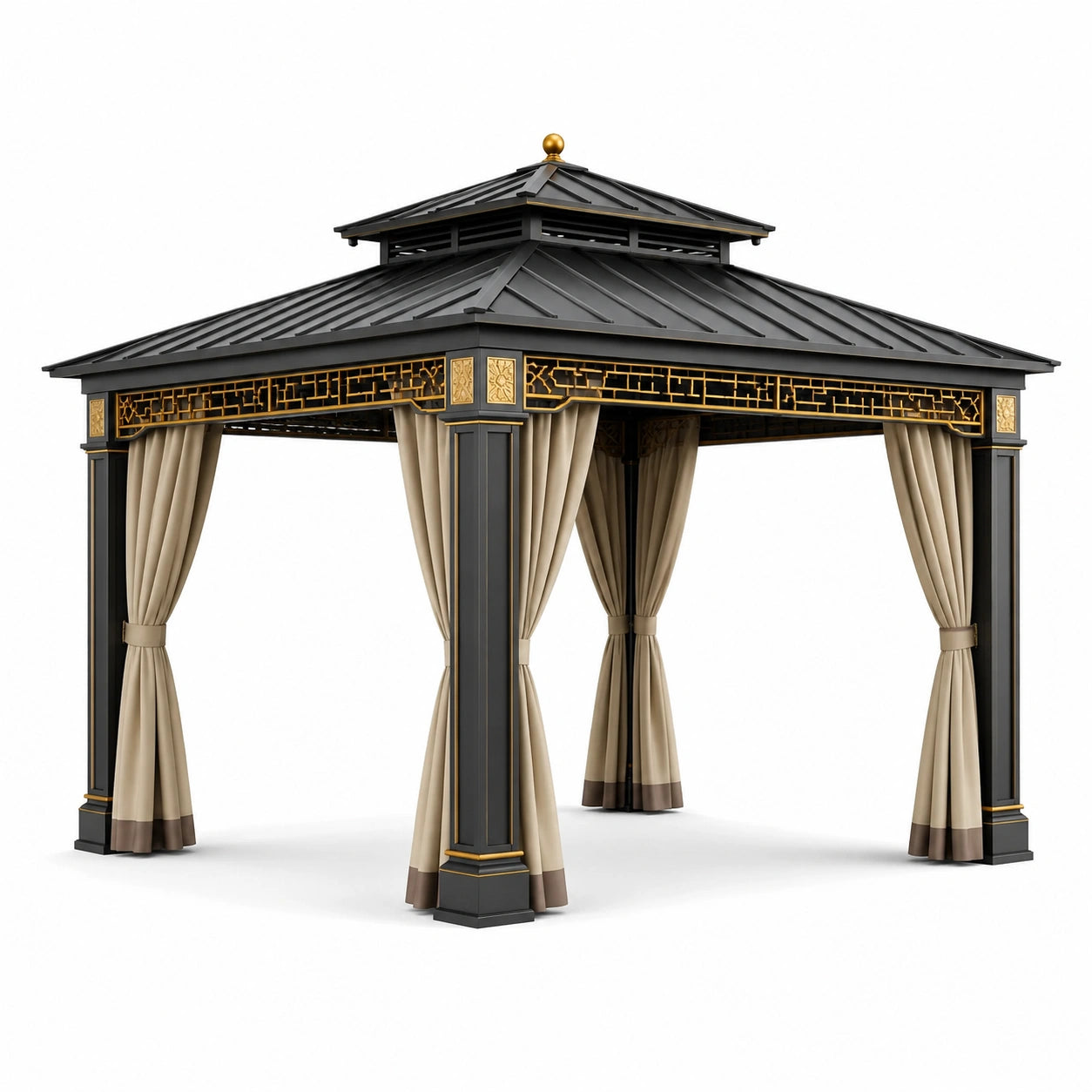 Tonnelle en métal anthracite avec rideaux beiges, finitions dorées et double toit, 300 × 300 × 300 cm