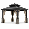 Tonnelle de jardin noire avec rideaux beiges et toit rigide à double niveau – 360 × 300 × 300 cm