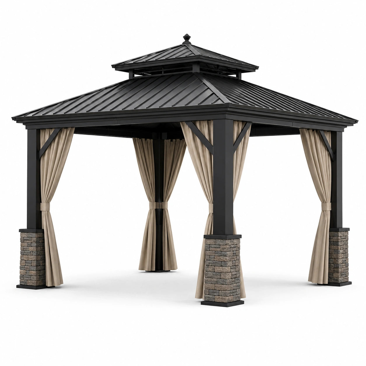 Tonnelle de jardin noire avec rideaux beiges et toit rigide à double niveau – 360 × 300 × 300 cm