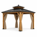Tonnelle de jardin classique en bois brun avec toit rigide noir et rideaux beiges, 365 × 300 × 310 cm