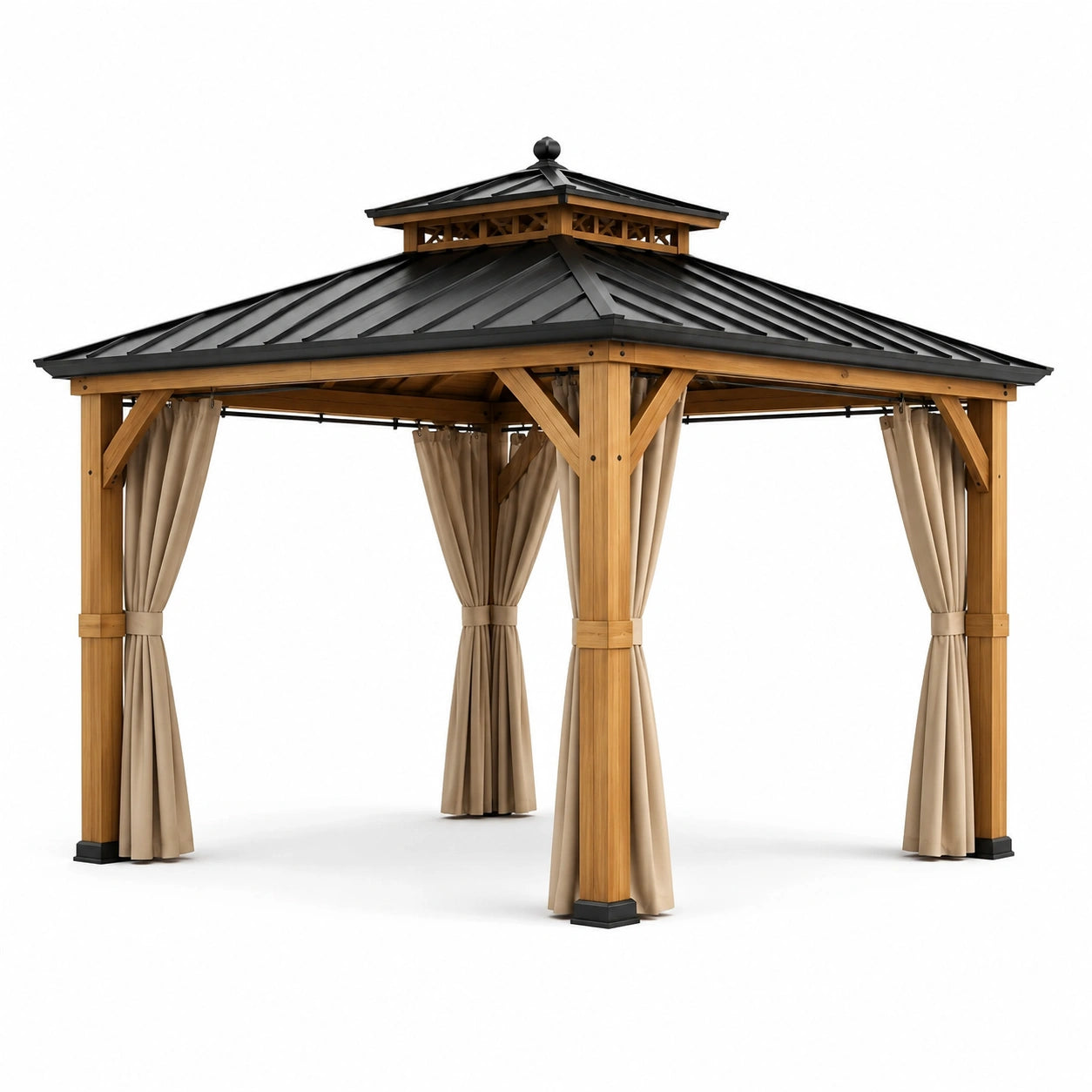 Tonnelle de jardin classique en bois brun avec toit rigide noir et rideaux beiges, 365 × 300 × 310 cm