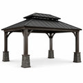 Pavillon de jardin en bois et métal brun foncé, anthracite et gris, 427 x 366 x 320 cm, toit rigide à double niveau