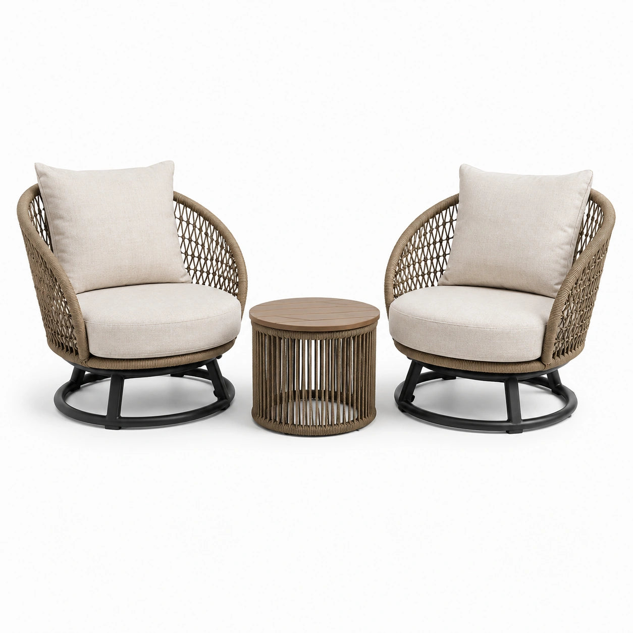 Ensemble de jardin 3 pièces beige, taupe et noir – 2 fauteuils 84 × 86 × 89 cm et table ronde Ø 50 × 47 cm
