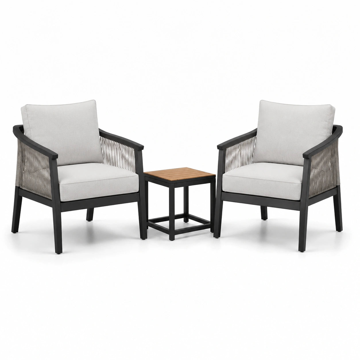 Ensemble de jardin 3 pièces avec 2 fauteuils 71 × 75 × 80 cm et table 45 × 45 × 45 cm, noir, gris clair, gris et bois naturel