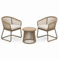Ensemble 3 pièces beige taupe avec 2 fauteuils 65 × 66 × 79 cm et table ronde Ø 50 × 45 cm en métal et corde tressée