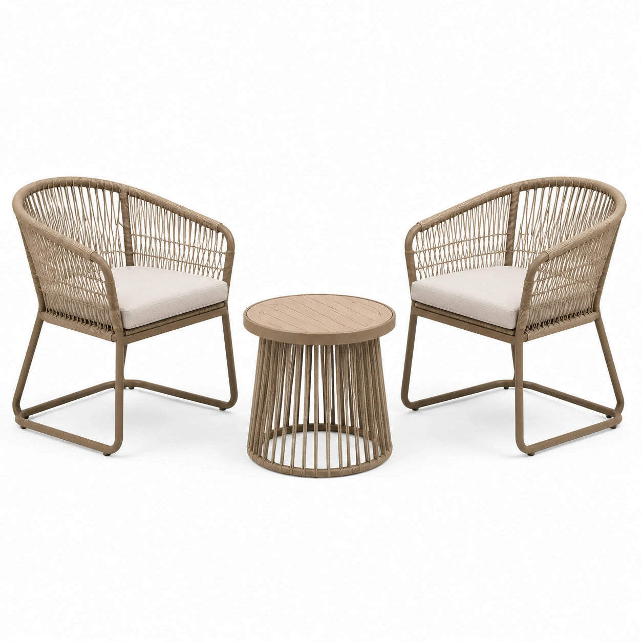 Ensemble 3 pièces beige taupe avec 2 fauteuils 65 × 66 × 79 cm et table ronde Ø 50 × 45 cm en métal et corde tressée