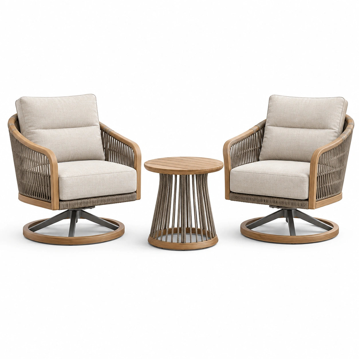 Ensemble 3 pièces avec 2 fauteuils pivotants 82 × 82 × 86 cm et table ronde Ø 55 × 52 cm, beige, taupe, marron et anthracite