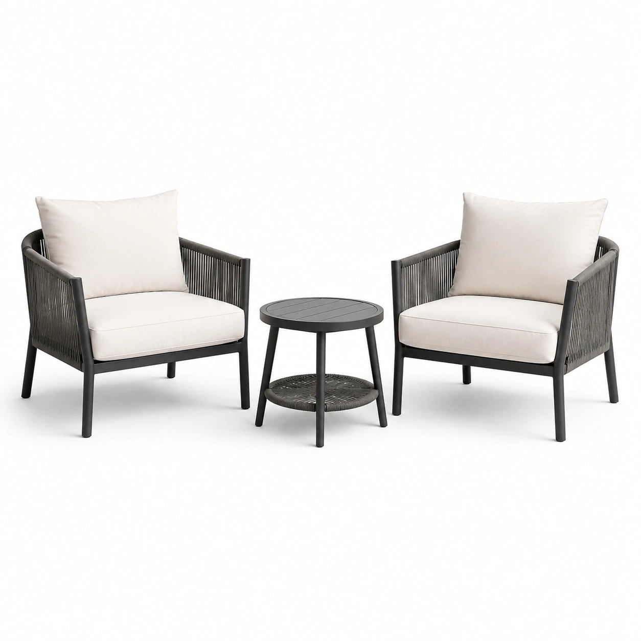 Ensemble de jardin 3 pièces noir et crème avec 2 fauteuils de 72 × 72 × 78 cm et table ronde Ø 50 × 50 cm